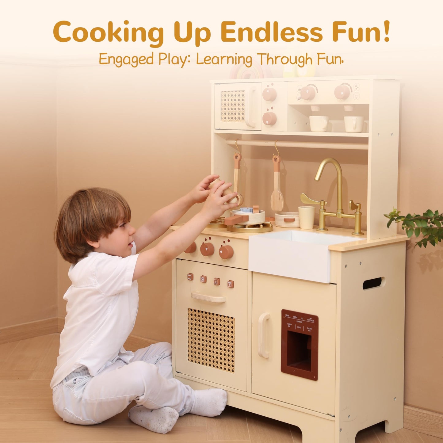Leeshyah Play Kitchen for Kids – Wooden Interactive Kitchen Set with Realistic Features (Ages 3+)