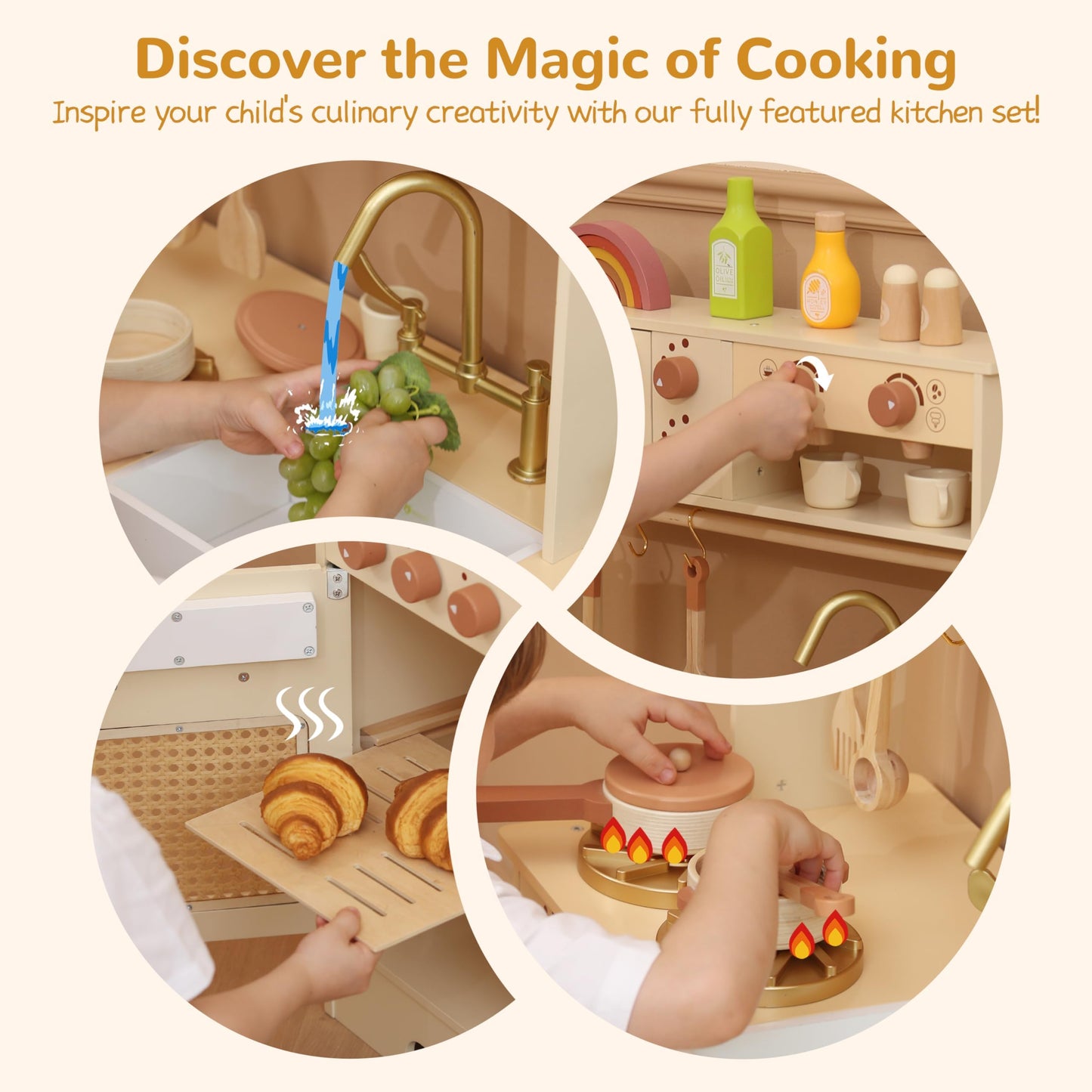 Leeshyah Play Kitchen for Kids – Wooden Interactive Kitchen Set with Realistic Features (Ages 3+)