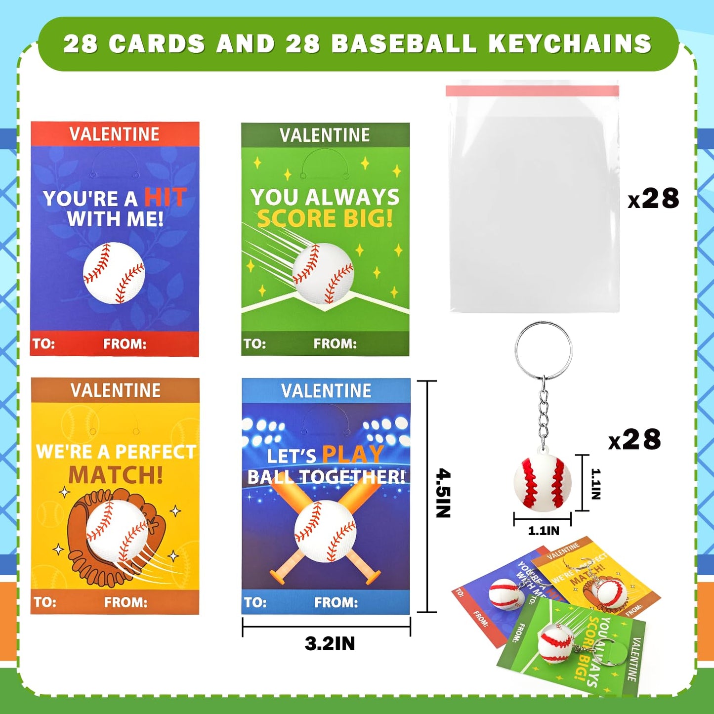 Leetous Baseball Valentines Day Cards & PVC Keychains – 28 Pack for Kids