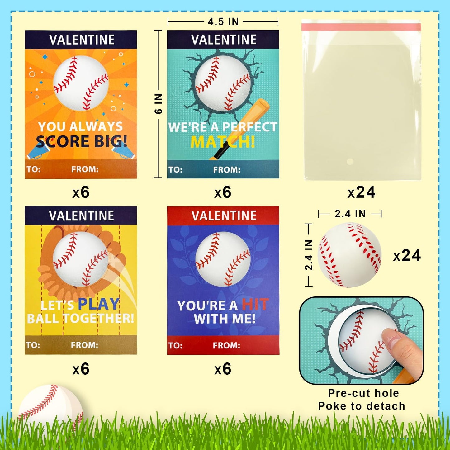 Leetous 24-Pack Baseball Valentines Day Cards & Mini Foam Balls for Kids