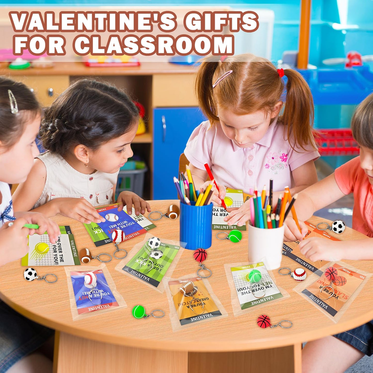 Leetous 28-Pack Sports Valentines Keychains with Exchange Cards – Classroom Gifts for Kids