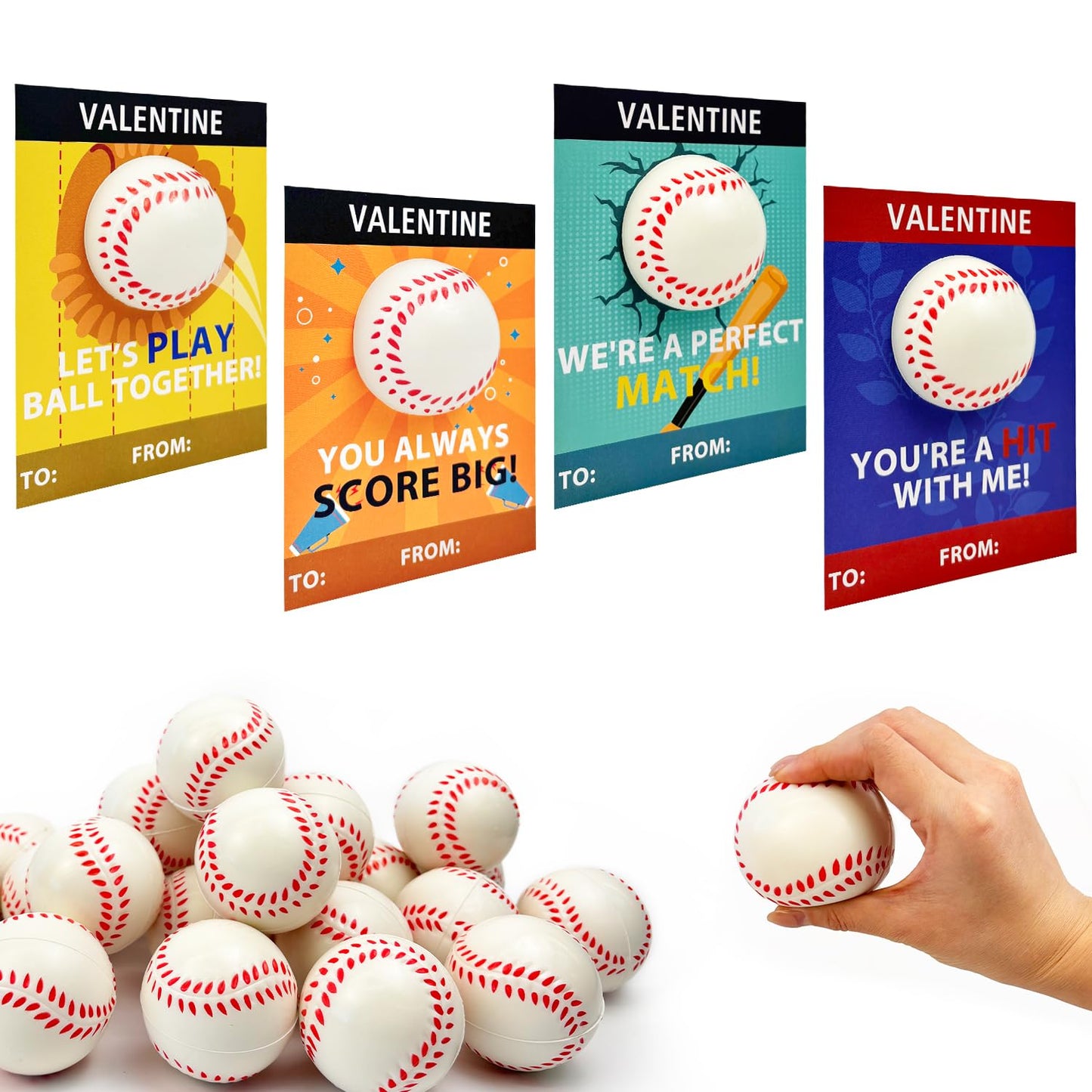 Leetous 24-Pack Baseball Valentines Day Cards & Mini Foam Balls for Kids