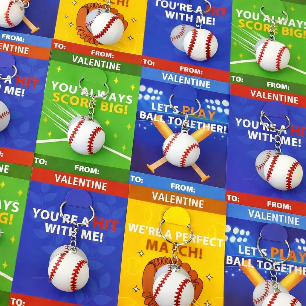 Leetous Baseball Valentines Day Cards & PVC Keychains – 28 Pack for Kids