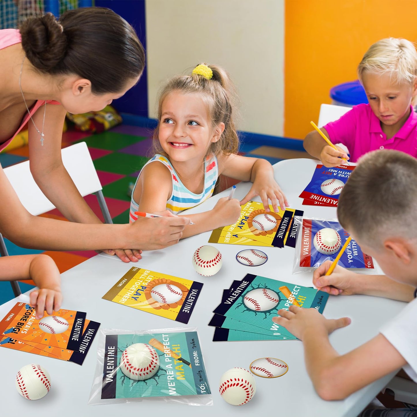 Leetous 24-Pack Baseball Valentines Day Cards & Mini Foam Balls for Kids