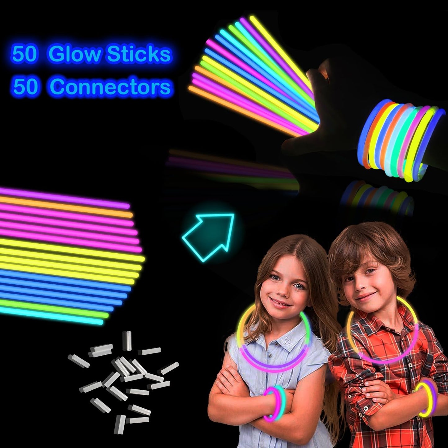 Leetous Glow Sticks Party Pack – 50 Count, 8in Neon Light Up Bracelets & Necklaces