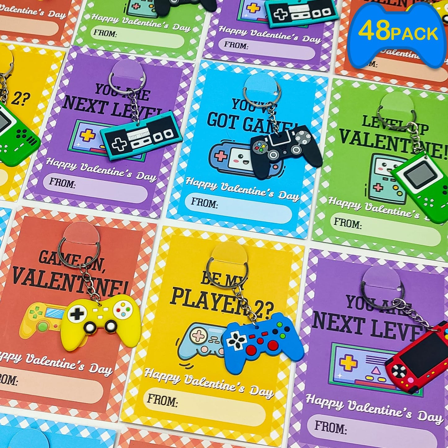Leetous Bulk Valentines Day Cards & Video Game Keychains — 48-Pack for Classroom Exchanges