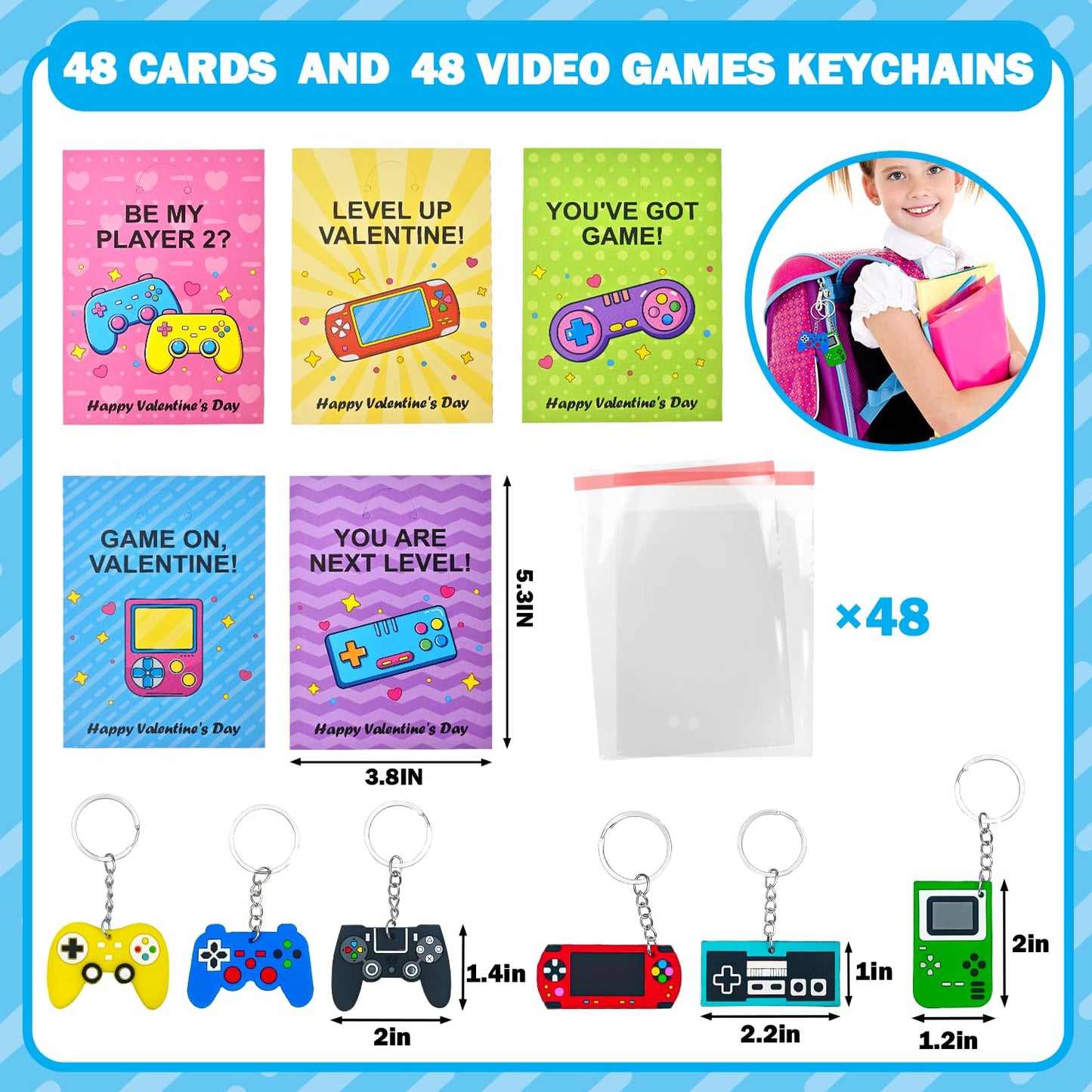 Leetous Bulk Valentines Gifts for Kids – 48 Video Game Keychains & Cards