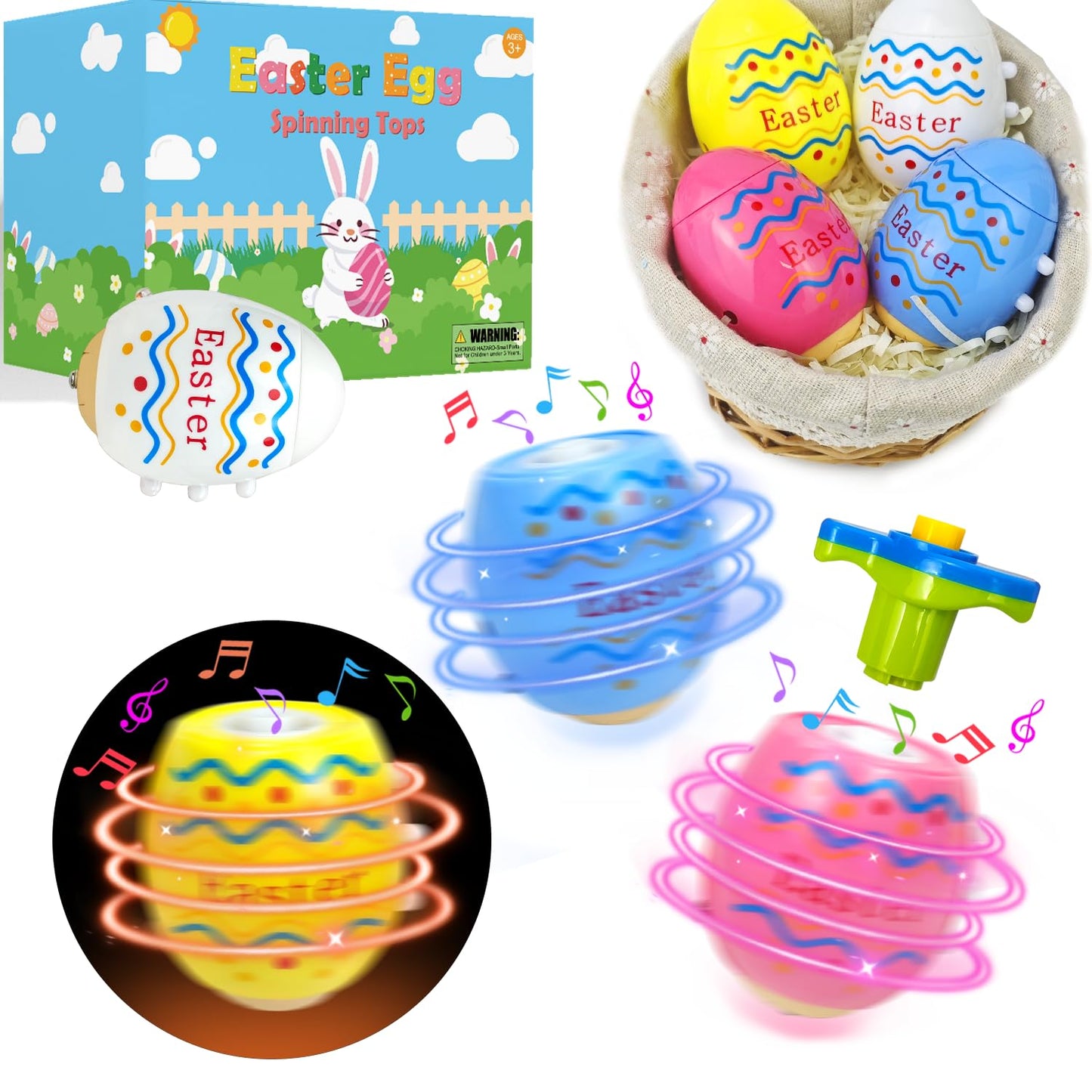 Leetous Easter Light-Up Spinning Tops – 4 Pack Party Favors for Kids (Non-Candy)