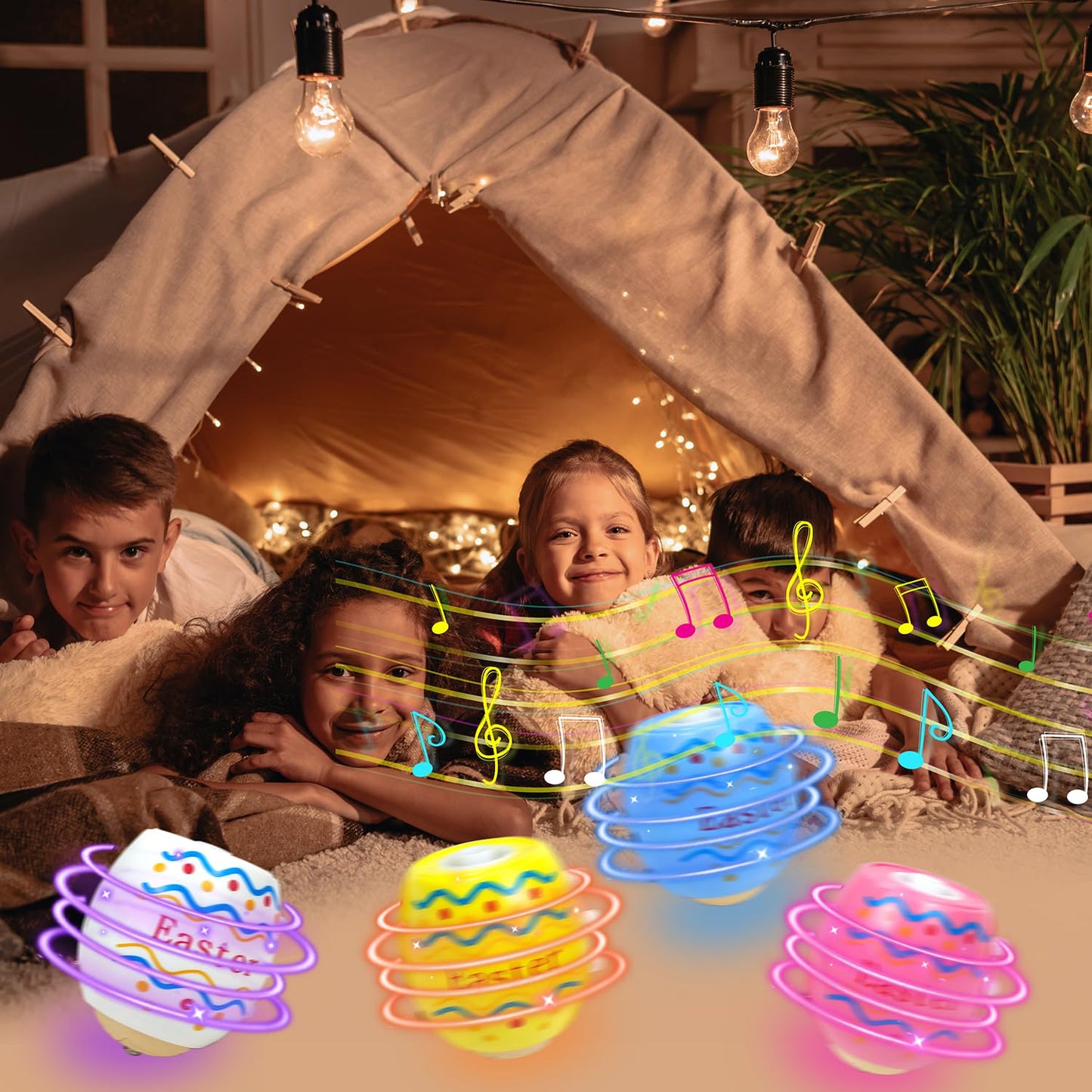 Leetous Easter Light-Up Spinning Tops – 4 Pack Party Favors for Kids (Non-Candy)