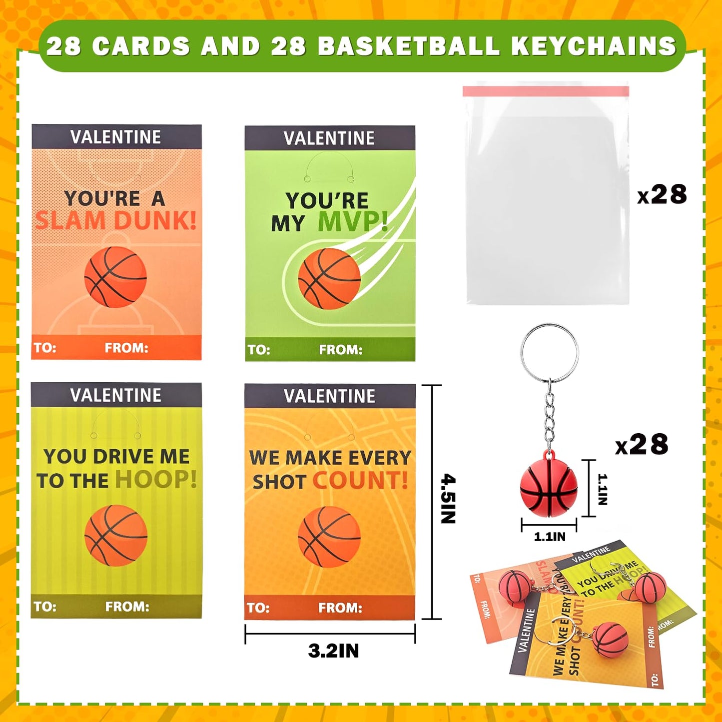 Leetous Basketball Valentines Day Keychains & Exchange Cards - 28-Pack for Kids