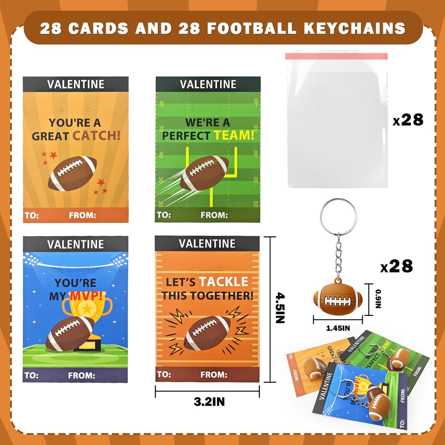 Leetous Football Valentines Day Cards Gifts — 28-Pack PVC Keychains with Exchange Cards for Kids