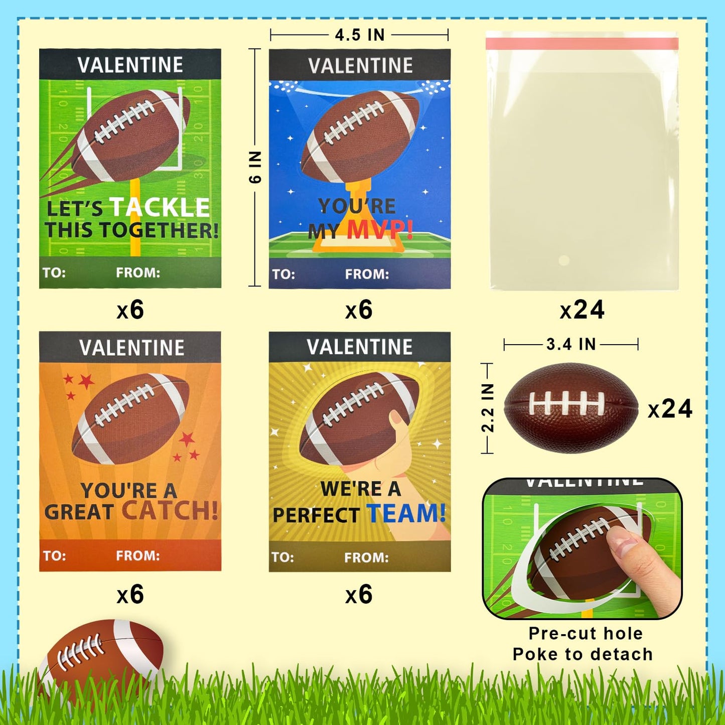 Leetous Football Valentines — 24-Pack Mini Foam Balls with Exchange Cards for Class