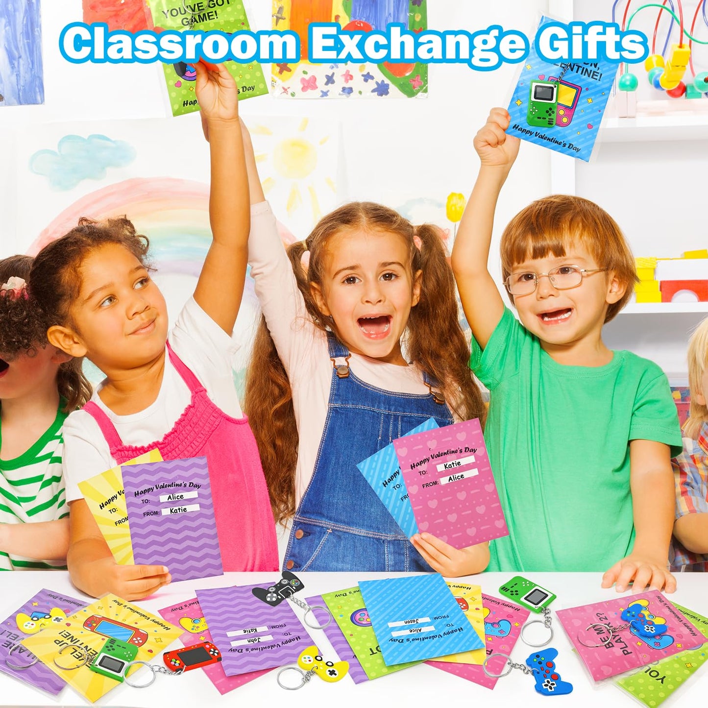 Leetous Bulk Valentines Gifts for Kids – 48 Video Game Keychains & Cards