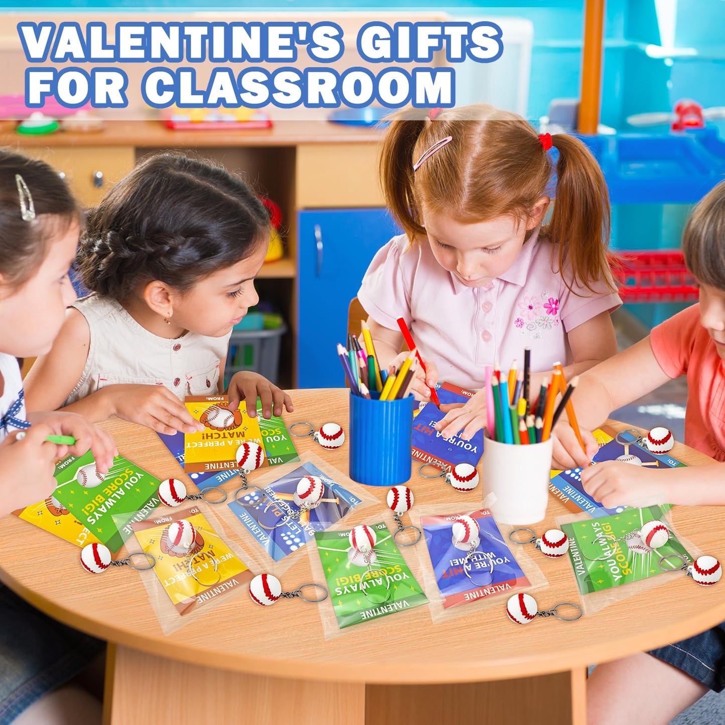 Leetous Baseball Valentines Day Cards & PVC Keychains – 28 Pack for Kids