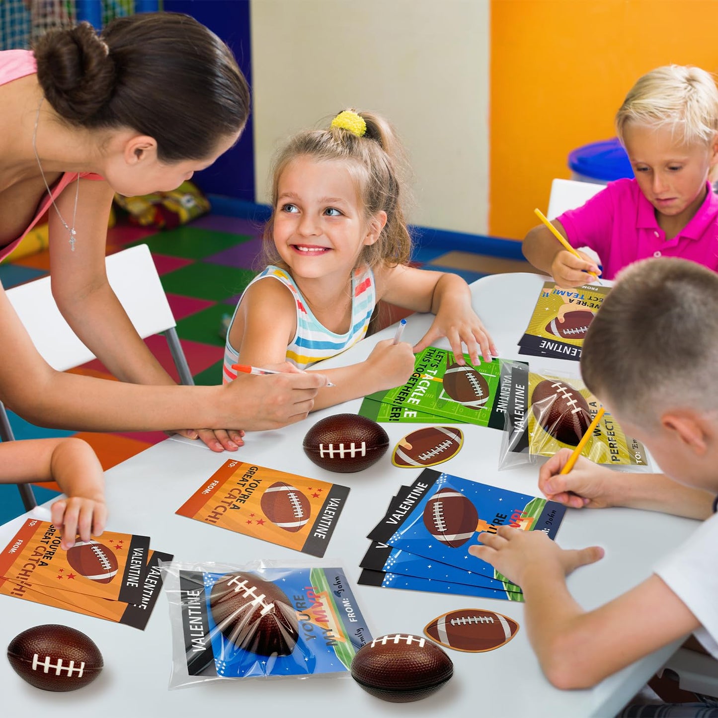 Leetous Football Valentines — 24-Pack Mini Foam Balls with Exchange Cards for Class
