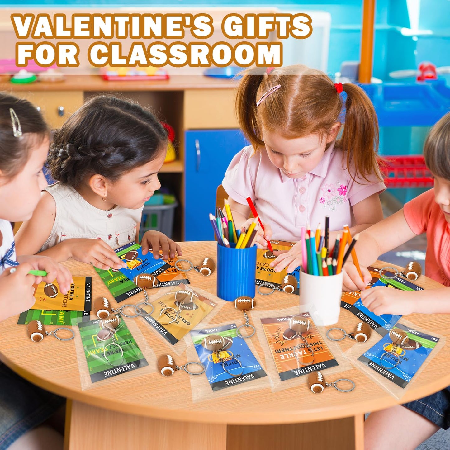 Leetous Football Valentines Day Cards Gifts — 28-Pack PVC Keychains with Exchange Cards for Kids