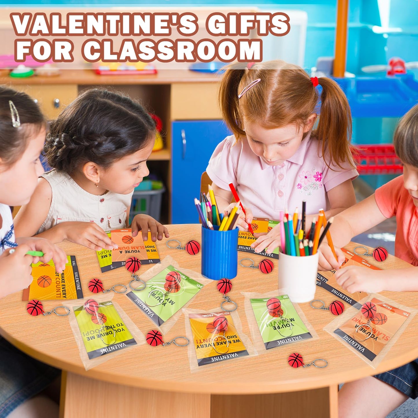 Leetous Basketball Valentines Day Keychains & Exchange Cards - 28-Pack for Kids