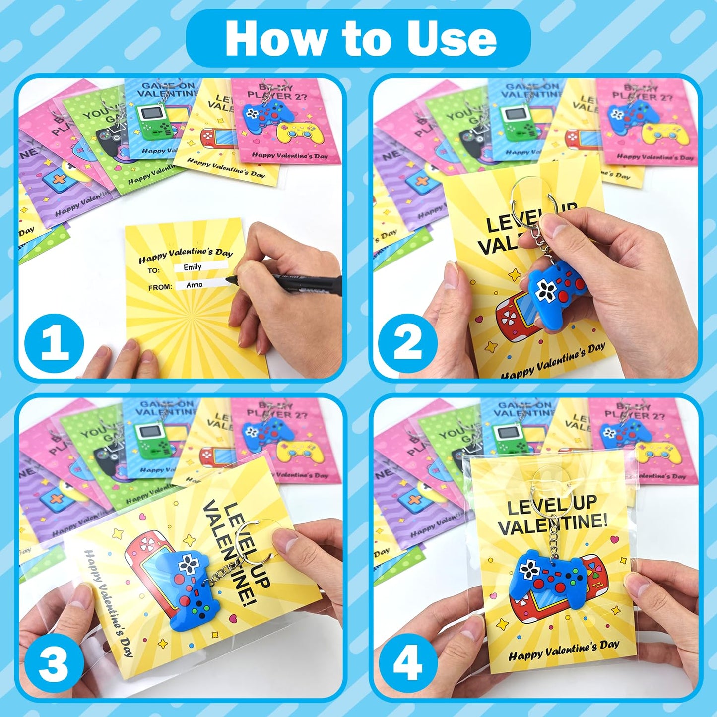 Leetous Bulk Valentines Gifts for Kids – 48 Video Game Keychains & Cards