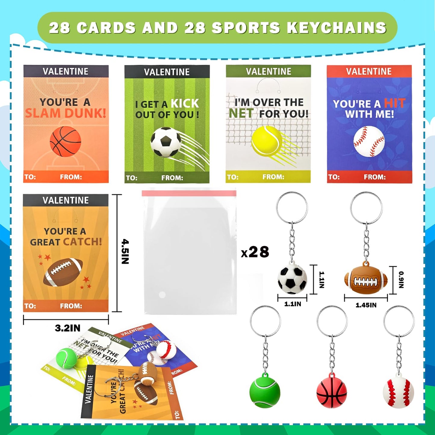 Leetous 28-Pack Sports Valentines Keychains with Exchange Cards – Classroom Gifts for Kids