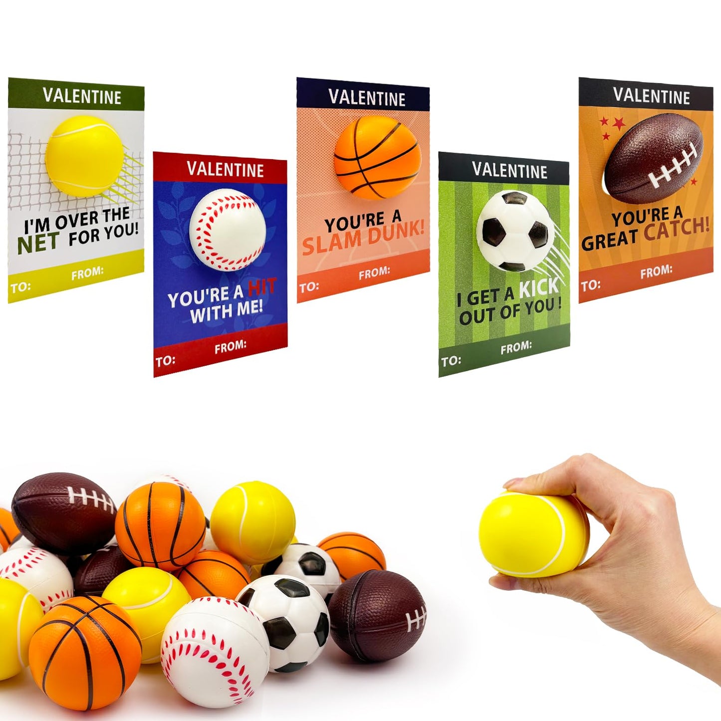 Leetous Sports Valentines Cards & 24-Pack Mini Foam Balls for Kids