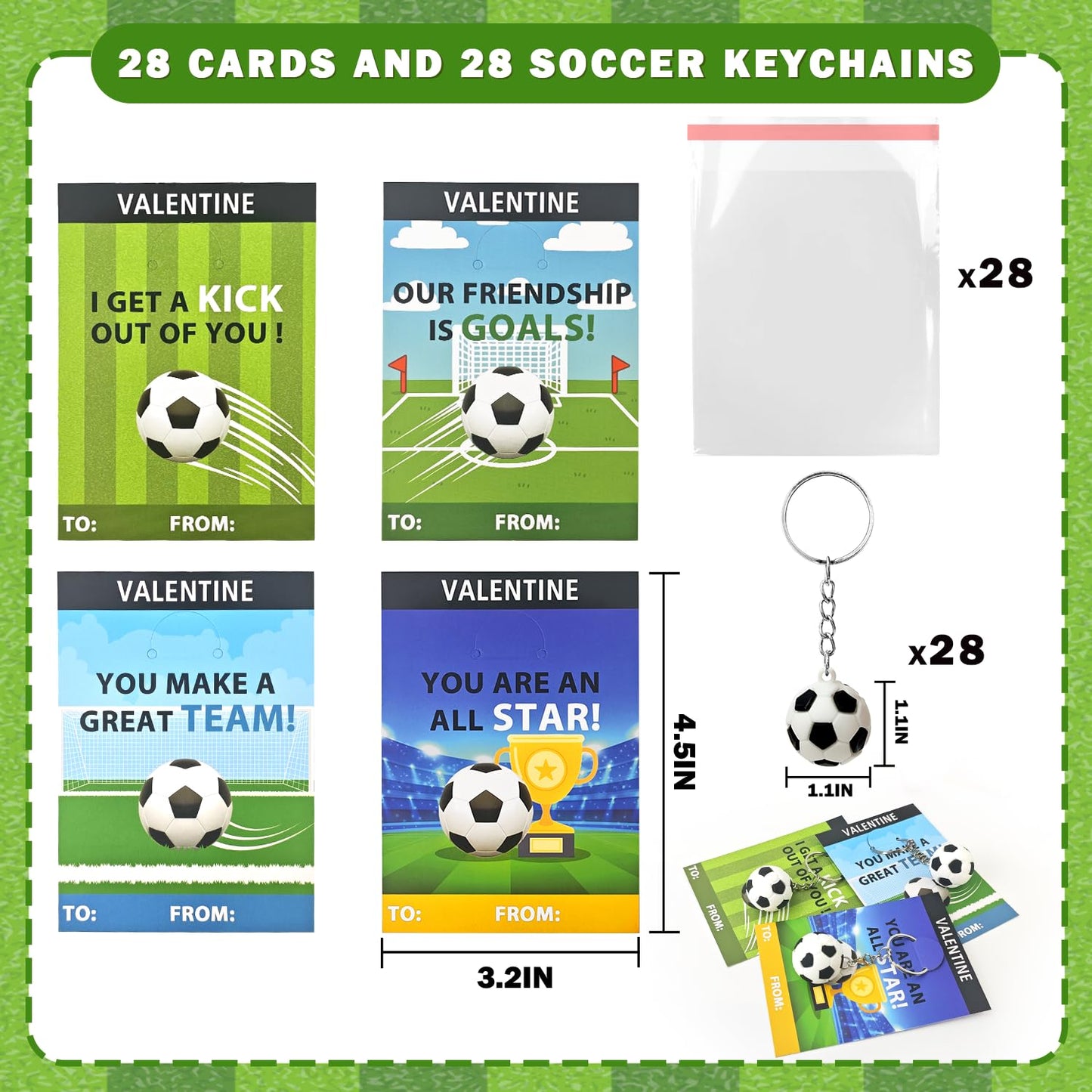 Leetous Soccer Valentines Day Cards & Keychains — 28 Pack for Kids