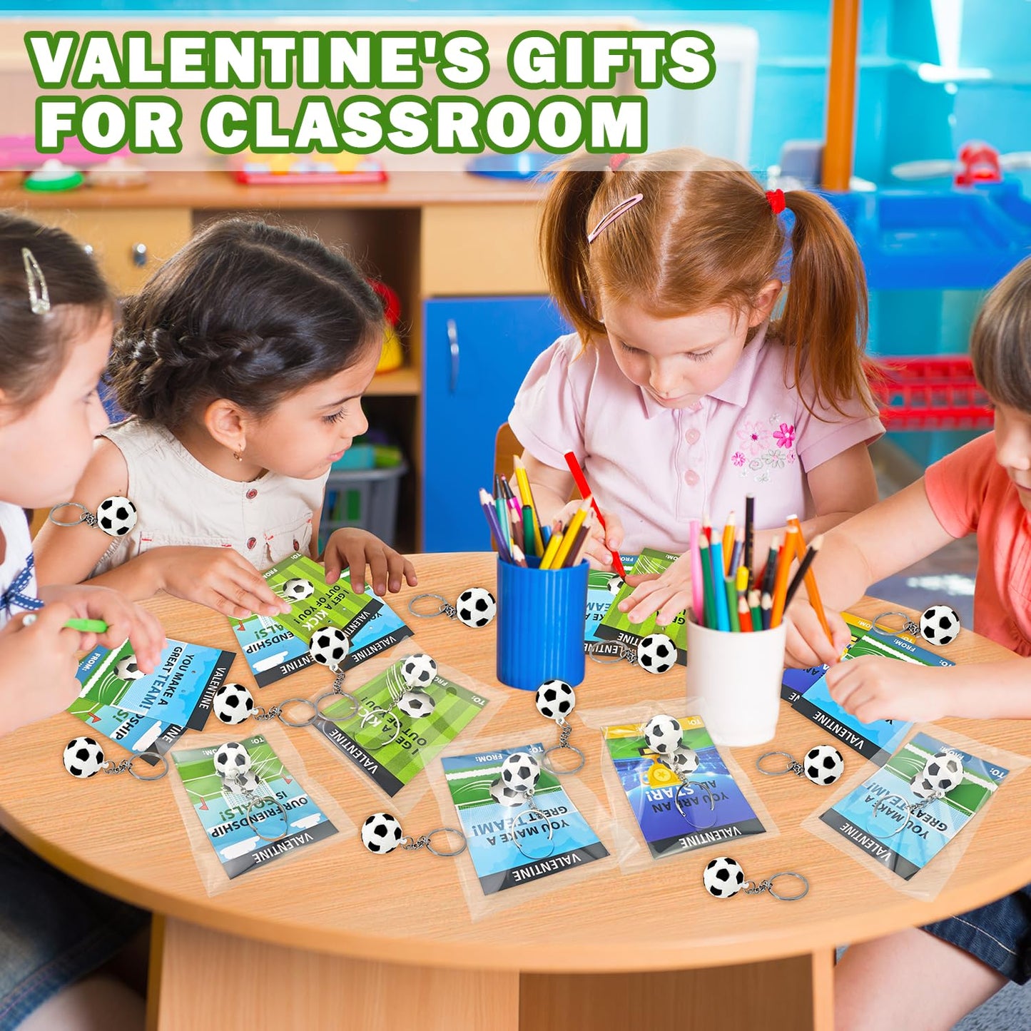 Leetous Soccer Valentines Day Cards & Keychains — 28 Pack for Kids