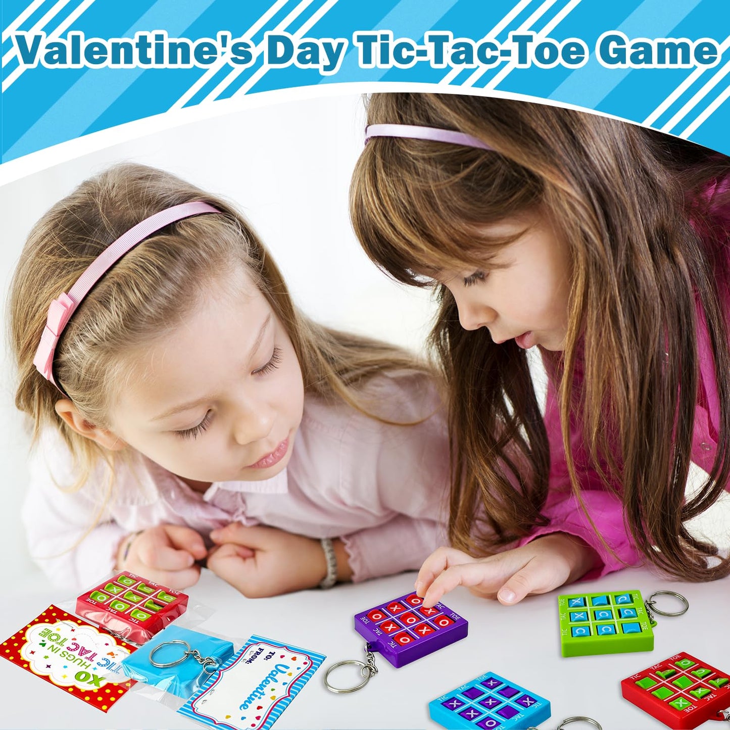 Leetous Valentines Day Tic-Tac-Toe Keychains & Cards — 28 Pack for Classroom Exchanges