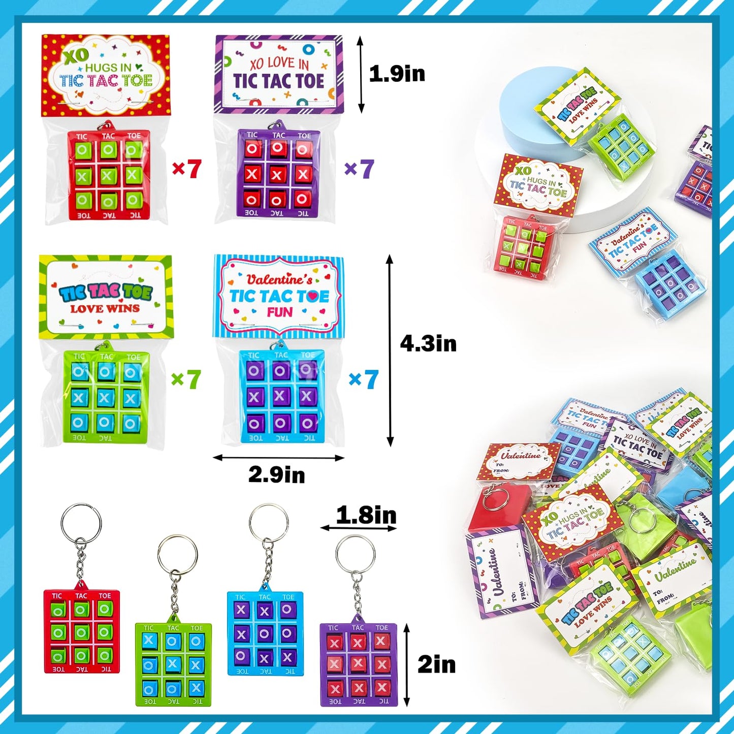 Leetous Valentines Day Tic-Tac-Toe Keychains & Cards — 28 Pack for Classroom Exchanges