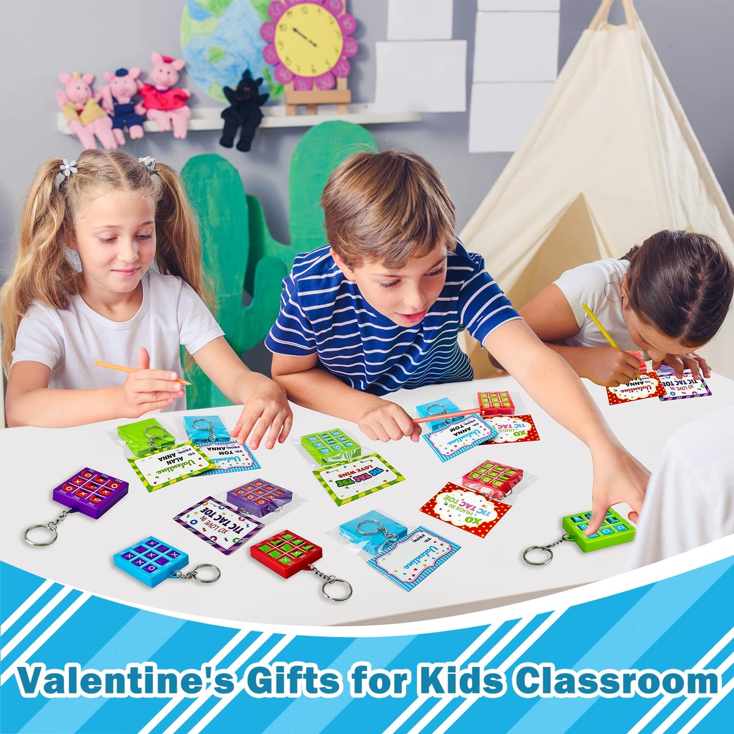 Leetous Valentines Day Tic-Tac-Toe Keychains & Cards — 28 Pack for Classroom Exchanges
