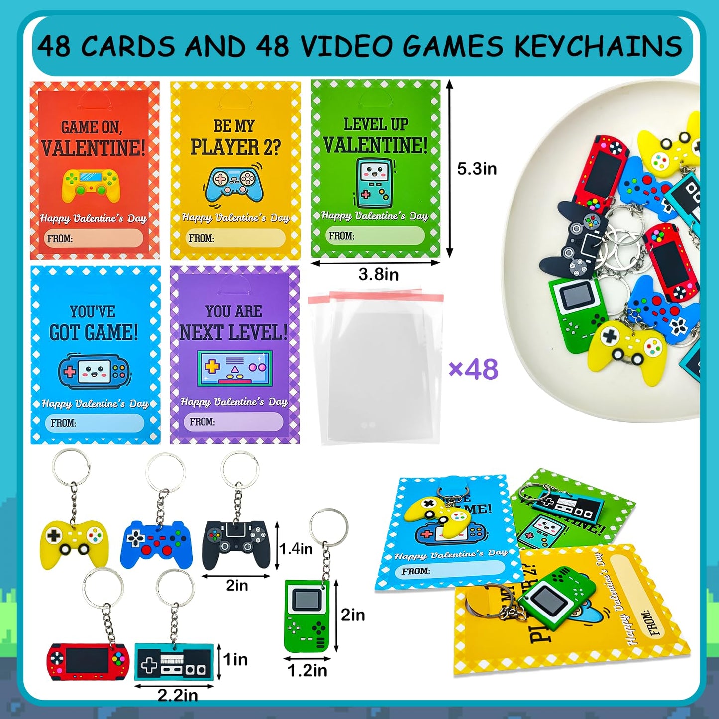 Leetous Bulk Valentines Day Cards & Video Game Keychains — 48-Pack for Classroom Exchanges