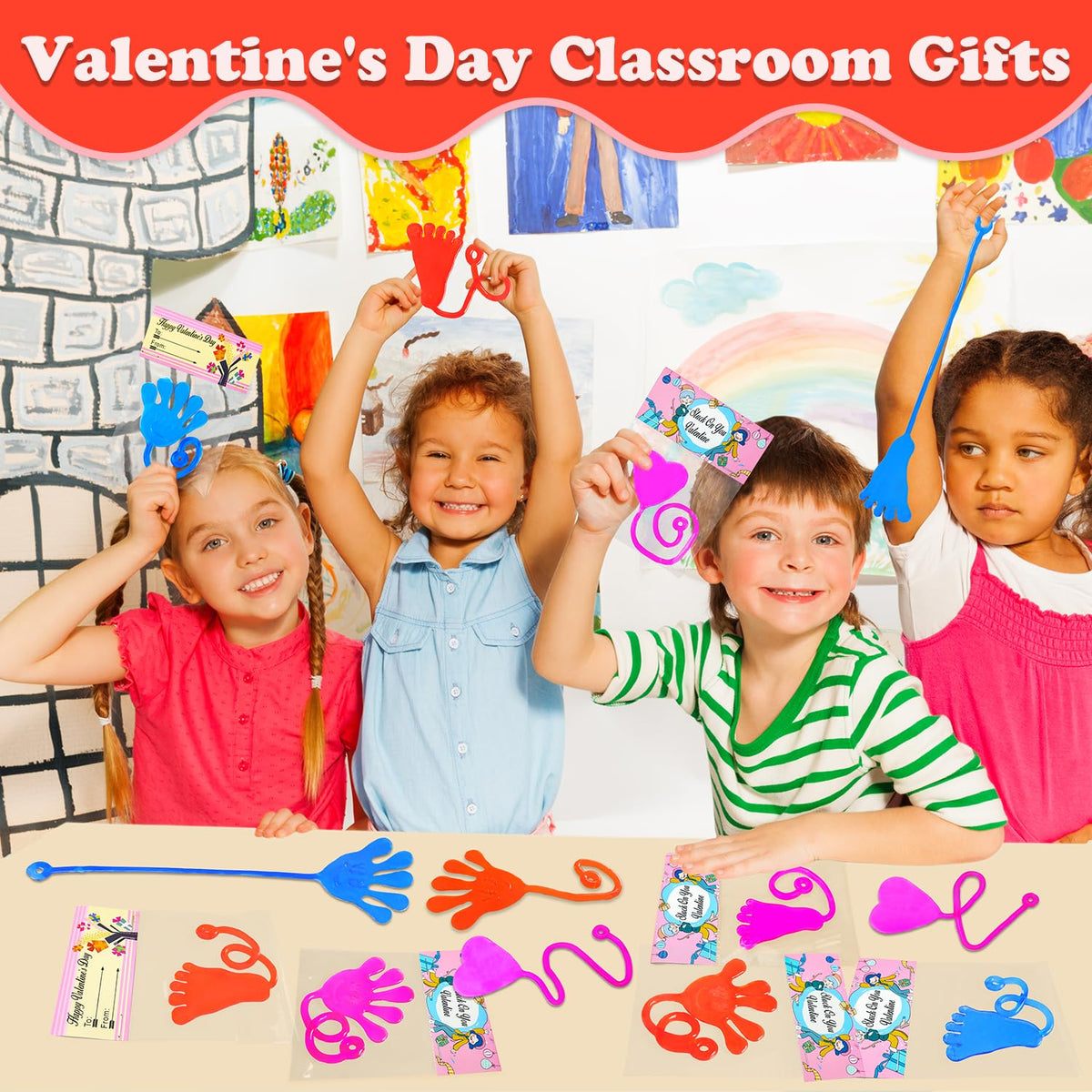 Leetous Valentines Day Gifts for Kids – 28-Pack Sticky Hands, Feet & Hearts with Class Exchange Cards
