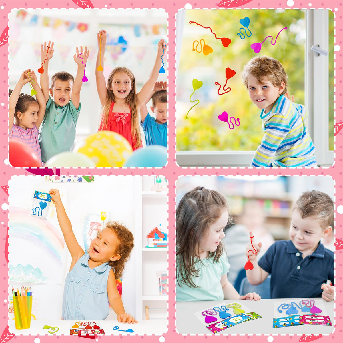 Leetous Non Candy Valentines Gifts for Kids — 28-Pack Classroom Exchange Cards with Heart Sticky Hands