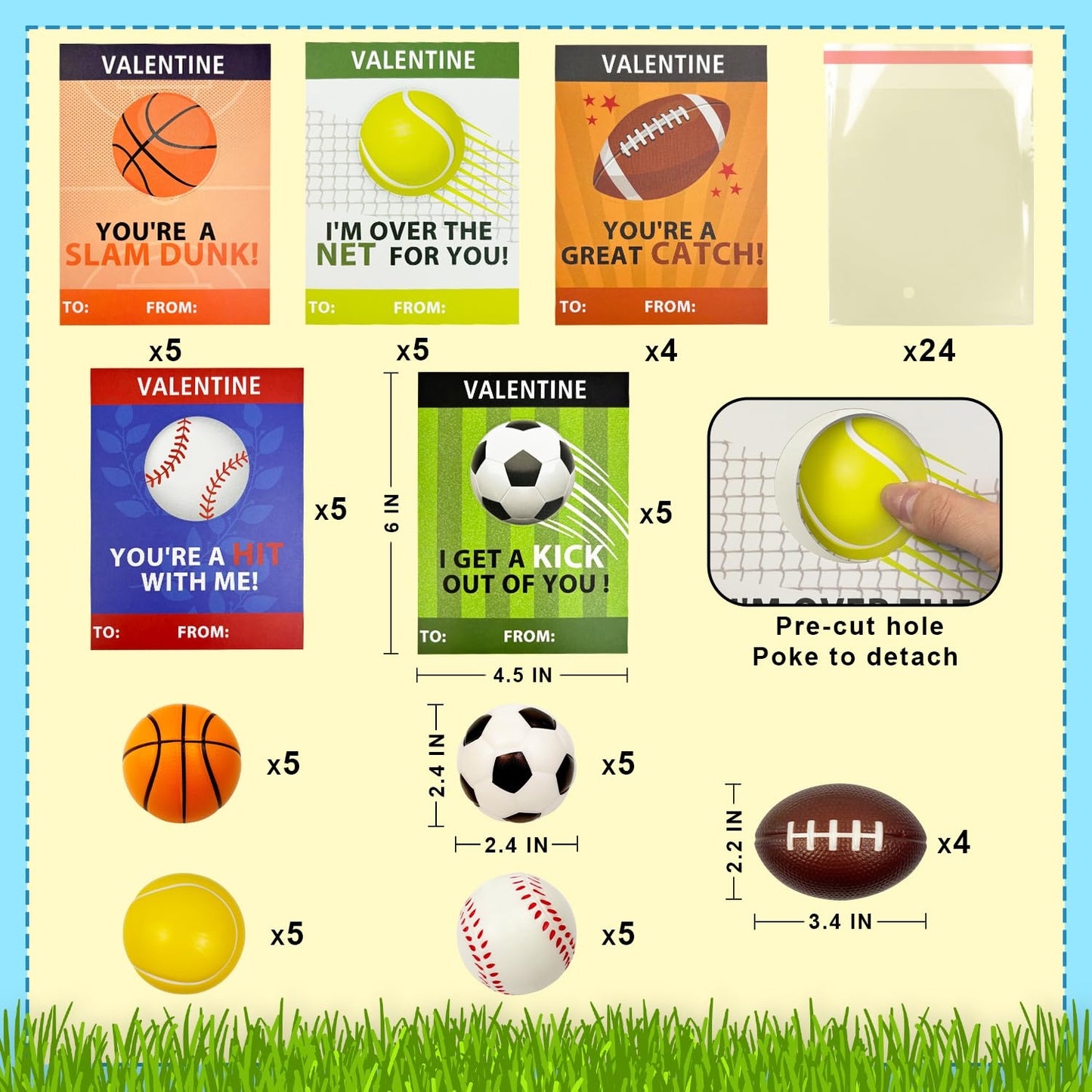 Leetous Sports Valentines Cards & 24-Pack Mini Foam Balls for Kids