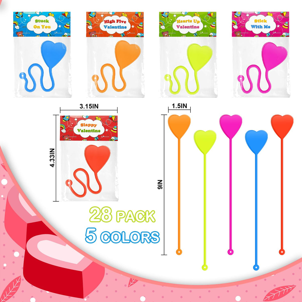 Leetous Non Candy Valentines Gifts for Kids — 28-Pack Classroom Exchange Cards with Heart Sticky Hands