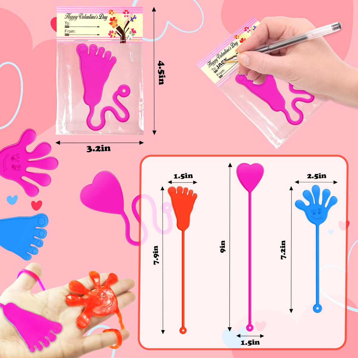 Leetous Valentines Day Gifts for Kids – 28-Pack Sticky Hands, Feet & Hearts with Class Exchange Cards