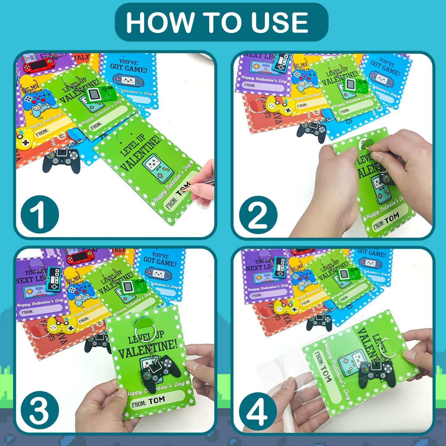 Leetous Bulk Valentines Day Cards & Video Game Keychains — 48-Pack for Classroom Exchanges