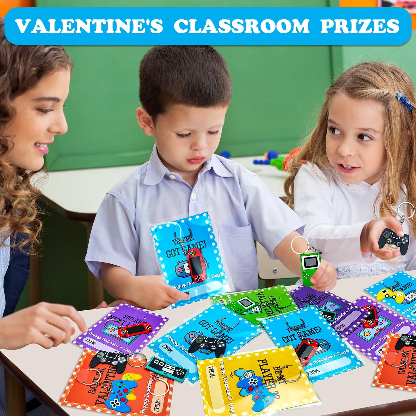Leetous Valentines Day Cards & 20-Pack Video Game Keychains for Kids - Classroom Exchange & Party Favors