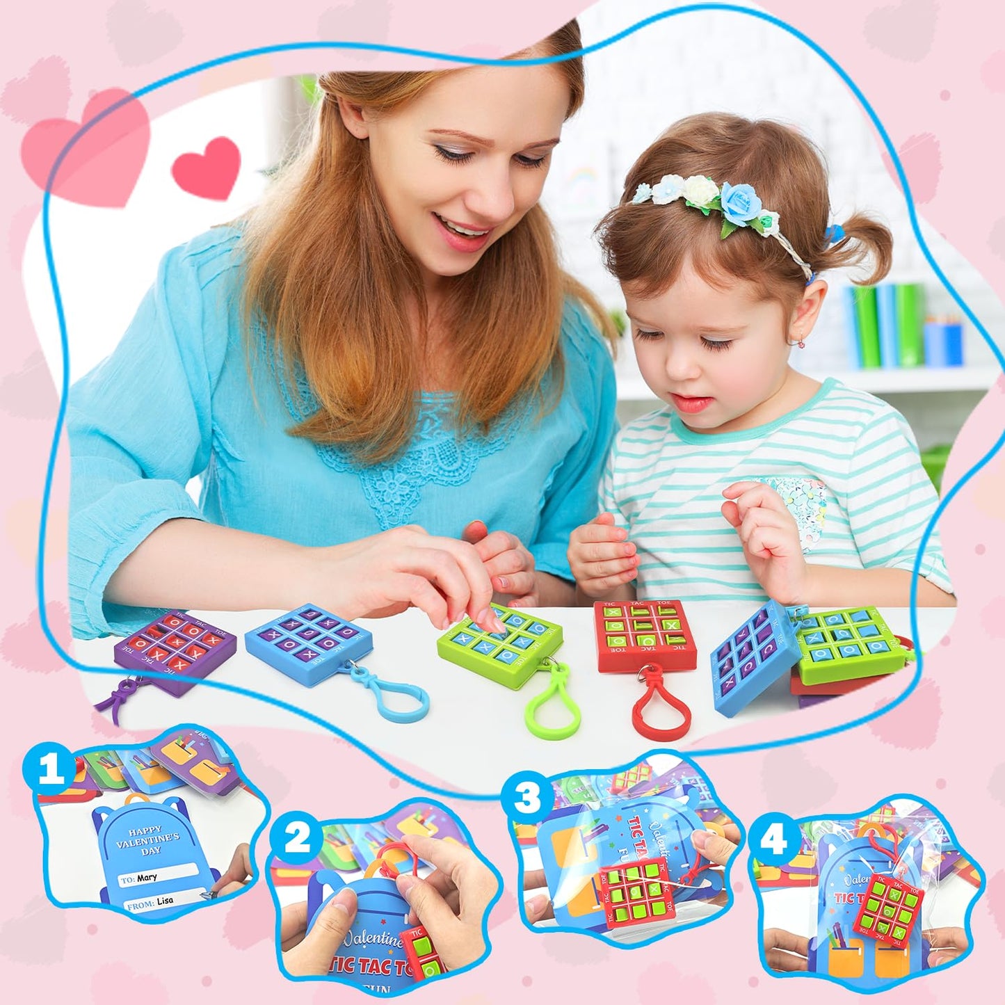 Leetous Valentines Tic Tac Toe Keychain Set | 28 PCS with Gift Cards – Classroom Prizes & Party Favors