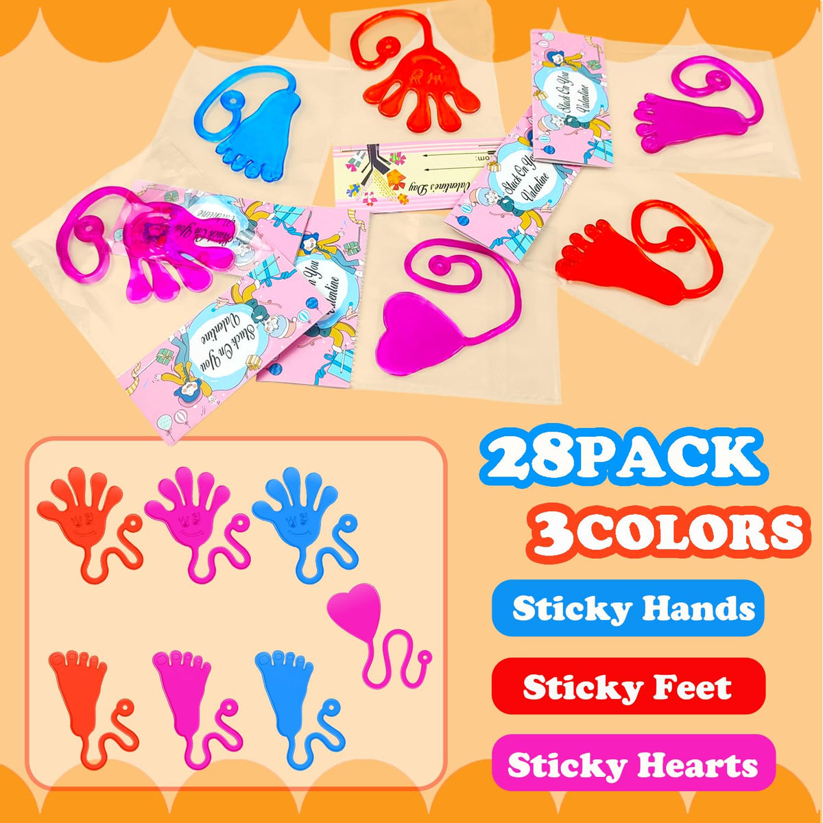 Leetous Valentines Day Gifts for Kids – 28-Pack Sticky Hands, Feet & Hearts with Class Exchange Cards