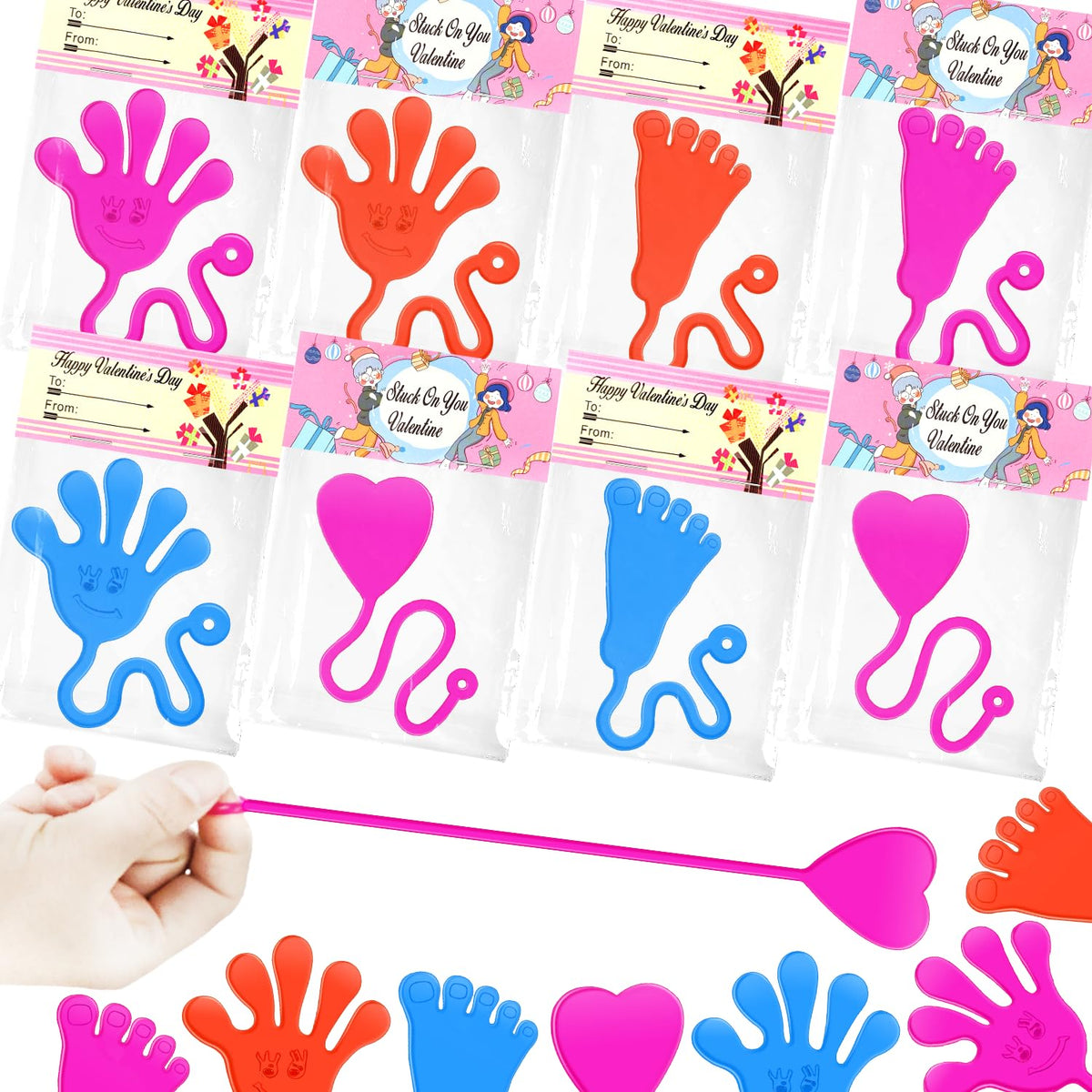 Leetous Valentines Day Gifts for Kids – 28-Pack Sticky Hands, Feet & Hearts with Class Exchange Cards