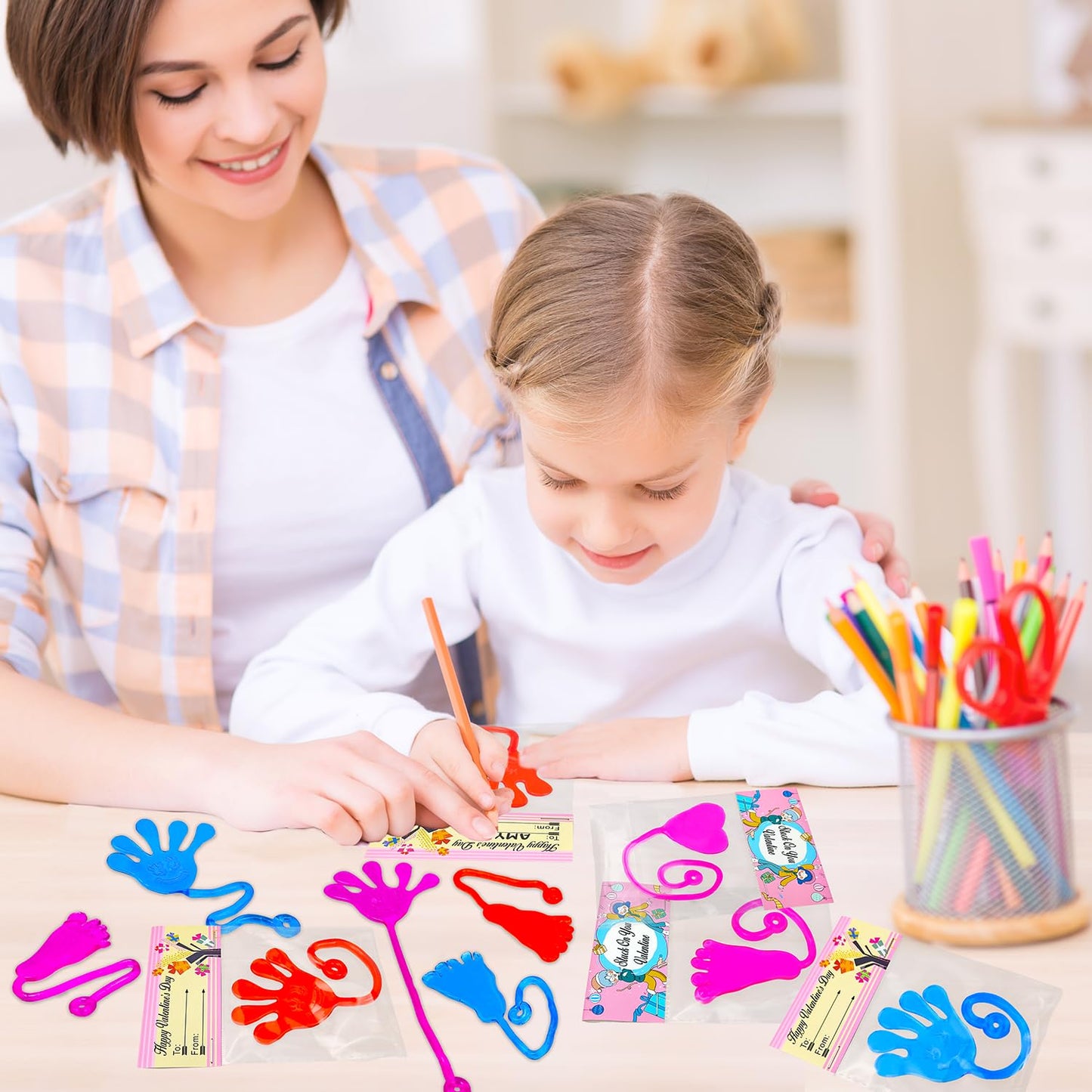 Leetous Valentines Day Gifts for Kids – 28-Pack Sticky Hands, Feet & Hearts with Class Exchange Cards