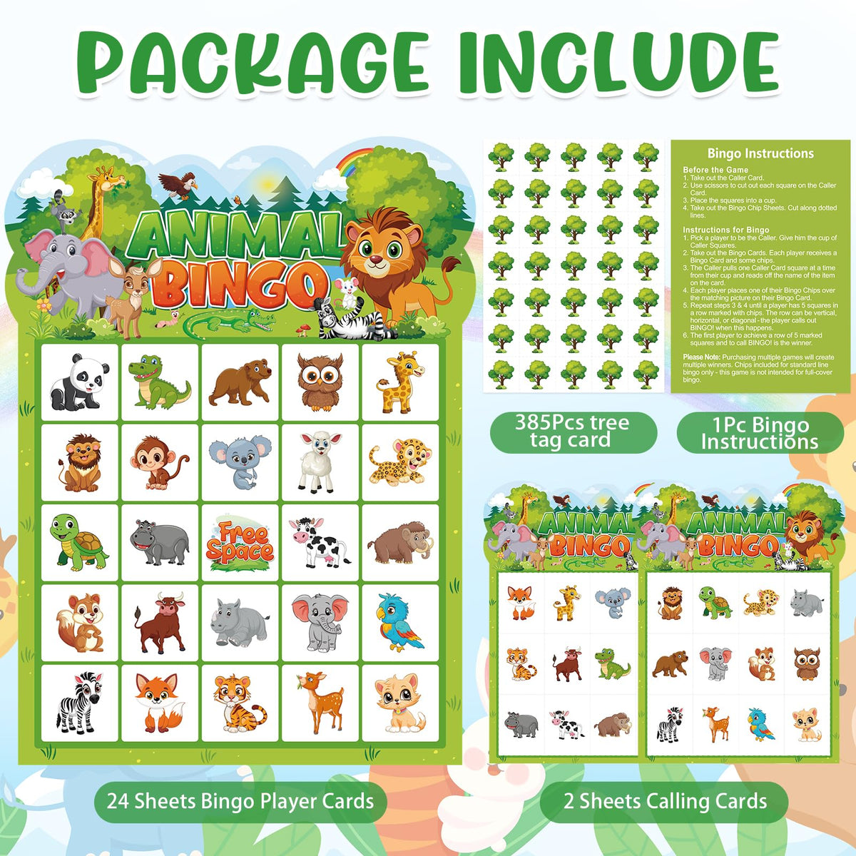 Leezead Animal Bingo Game — 24-Player Jungle Safari Cards for Parties, Classroom & Family Fun