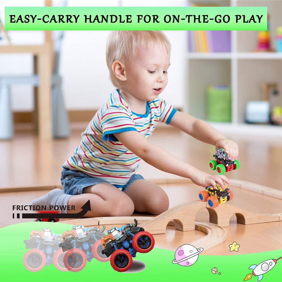 LEFEI Push & Go Friction Powered Car Set – 4 Monster Trucks for Kids 3-7
