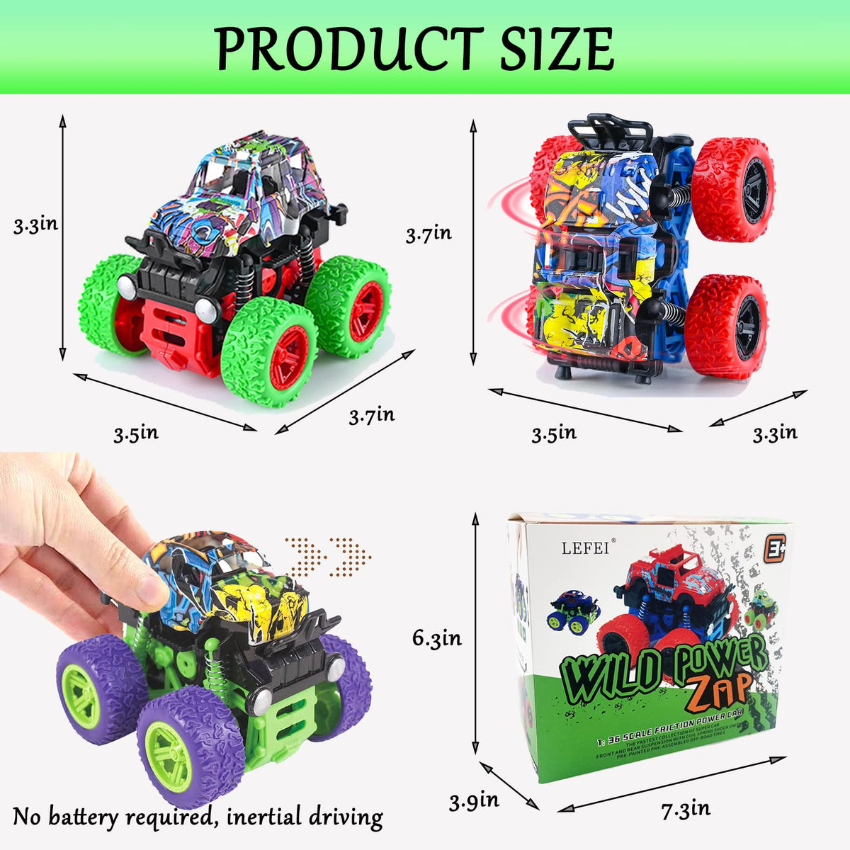 LEFEI Push & Go Friction Powered Car Set – 4 Monster Trucks for Kids 3-7