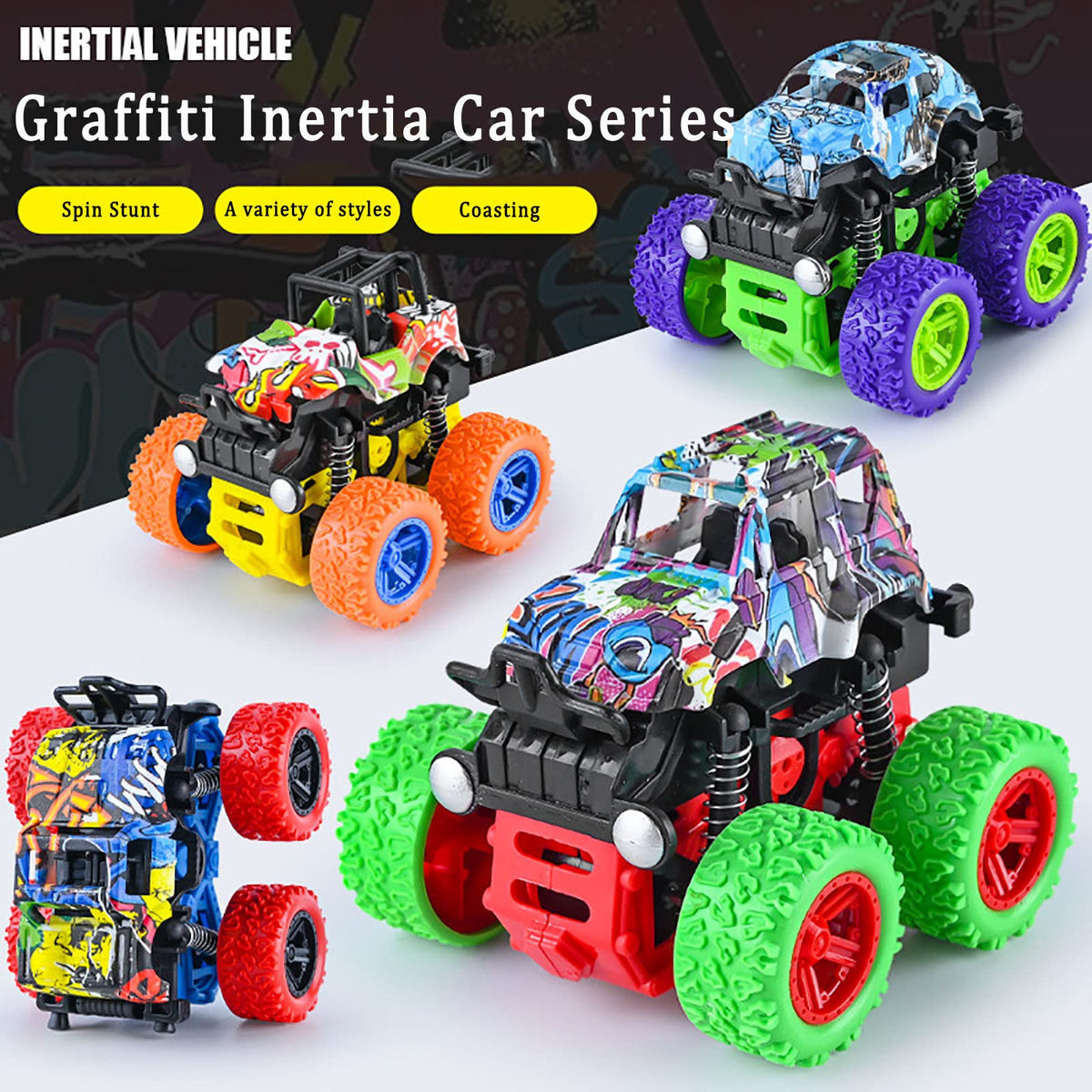 LEFEI Push & Go Friction Powered Car Set – 4 Monster Trucks for Kids 3-7