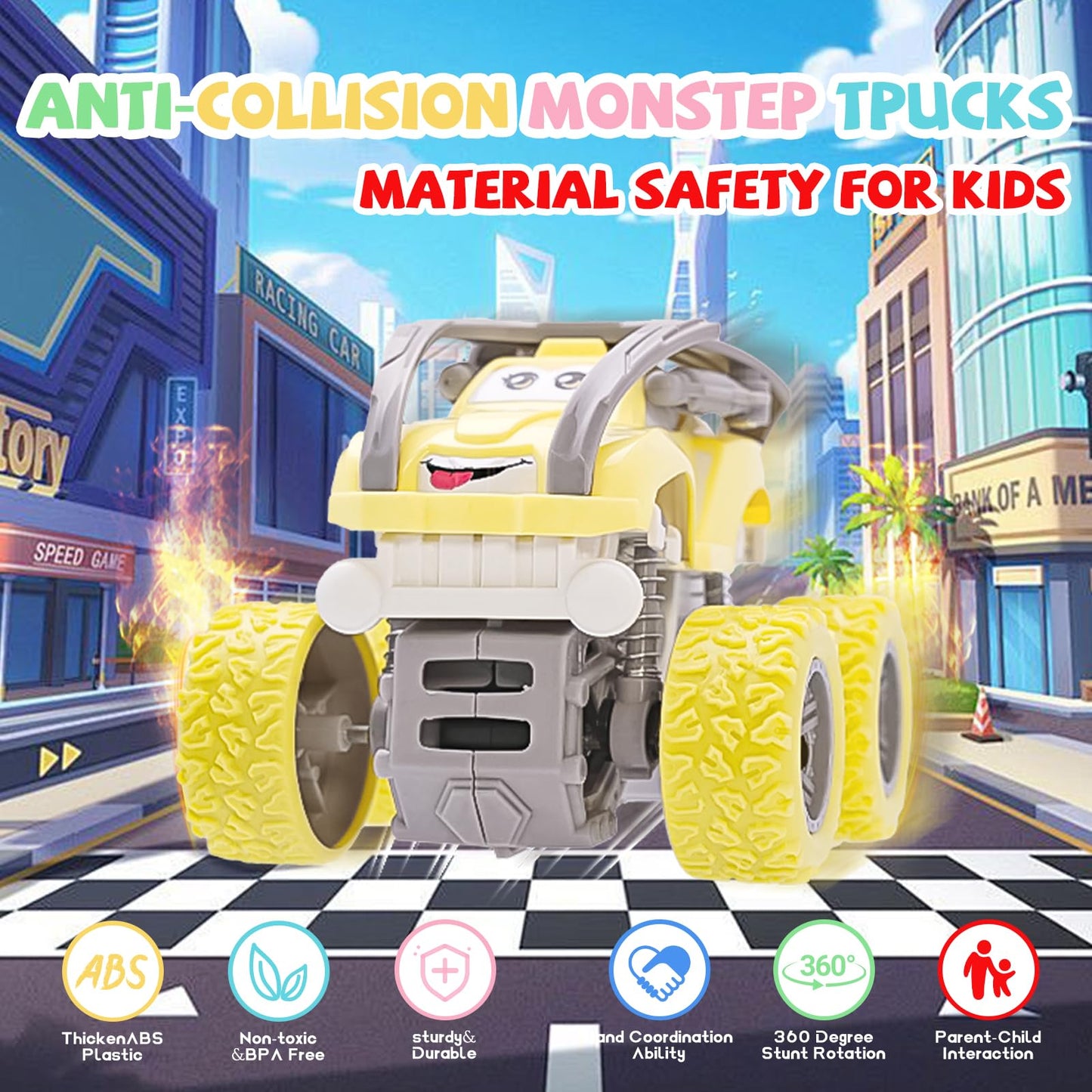 LEFEI Monster Truck Toys for Boys 3–7 | 4 Pack Push & Go Cars