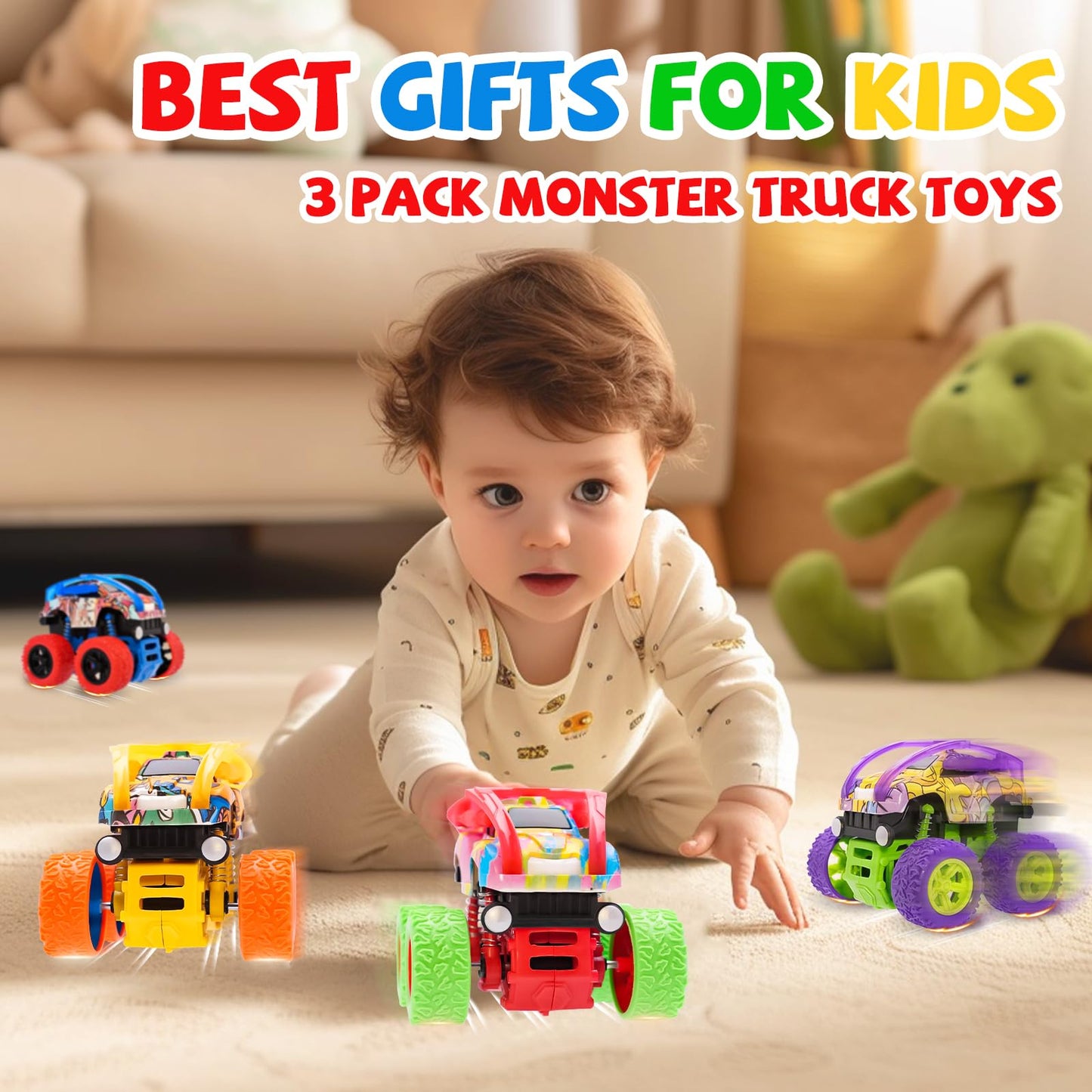 LEFEI Monster Truck 4-Pack – Push & Go Friction Cars for Kids 3–7