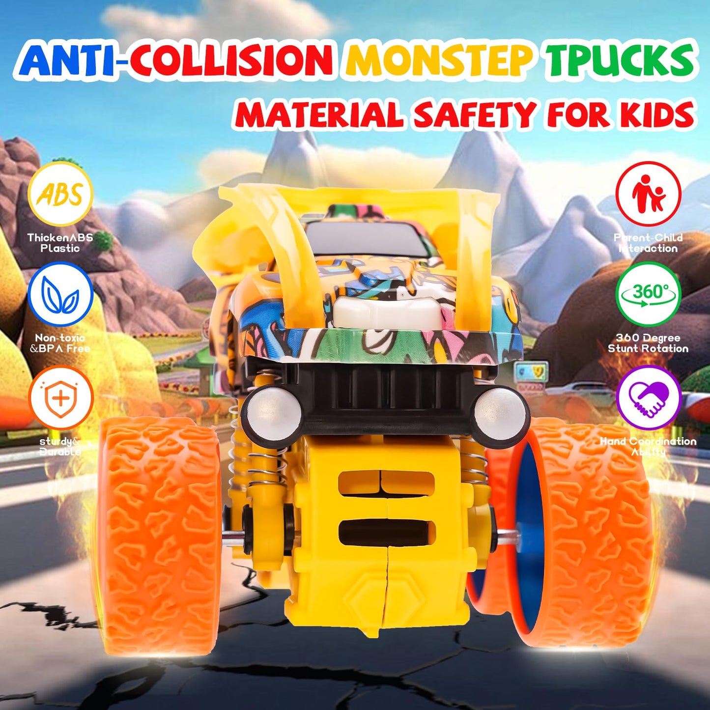 LEFEI Monster Truck 4-Pack – Push & Go Friction Cars for Kids 3–7
