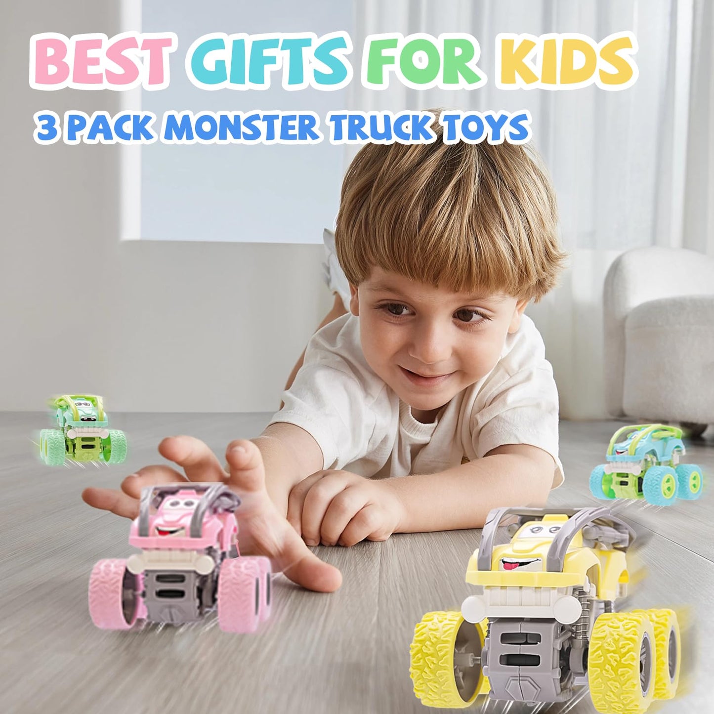 LEFEI Monster Truck Toys for Boys 3–7 | 4 Pack Push & Go Cars