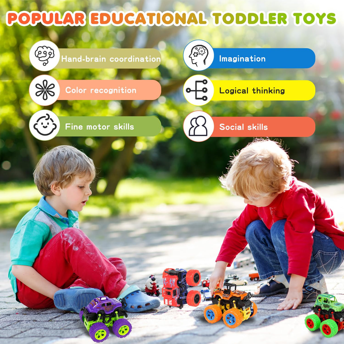 LEFEI Monster Truck Set - 4 Pack Push & Go Friction Toys for Boys 3-7